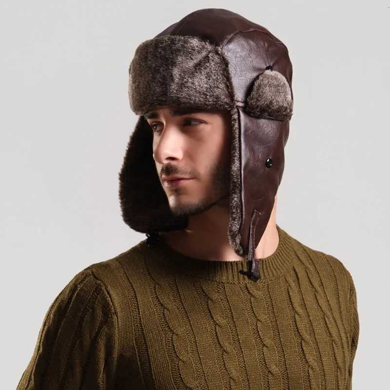 Trapper Hats Bomber Hat with Ear Flap Mens Winter Faux Leather Fur Russian Earflap Trapper Cap Fleece Beanie MaleT261017