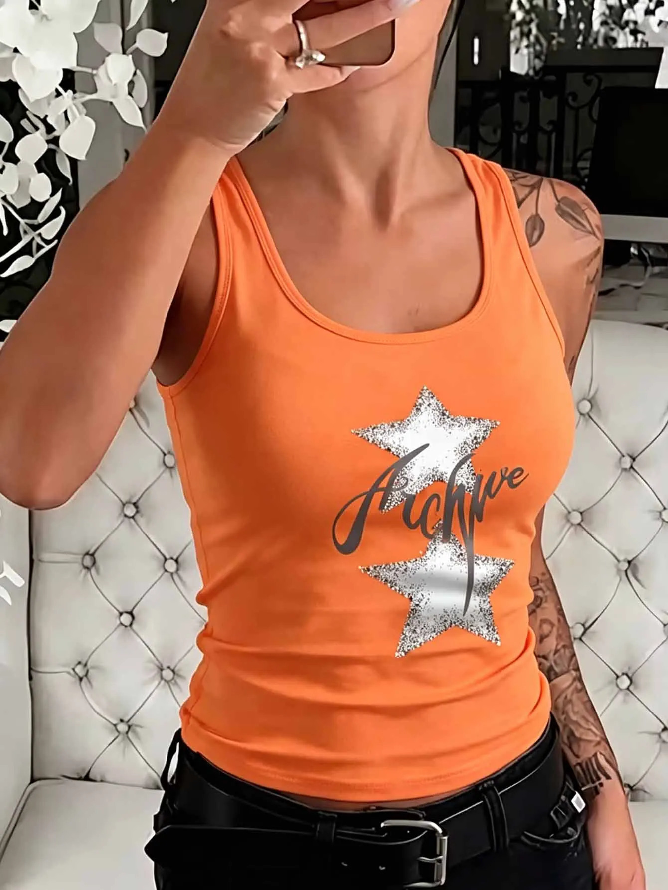 Womens Summer Casual Star and Floral Letter Graphic Tank Top | Y2K Fitted Streetwear Fitness Apparel 261017