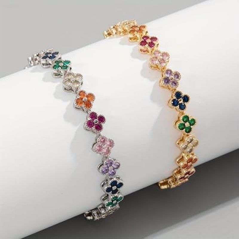 2026 1:1 Iced Out perfume Multicolor Four Leaf Clover Link Bracelet For Women, Rainbow CZ Paved Floral Bracelet, cologne Gold Silver Tone Luxury Par