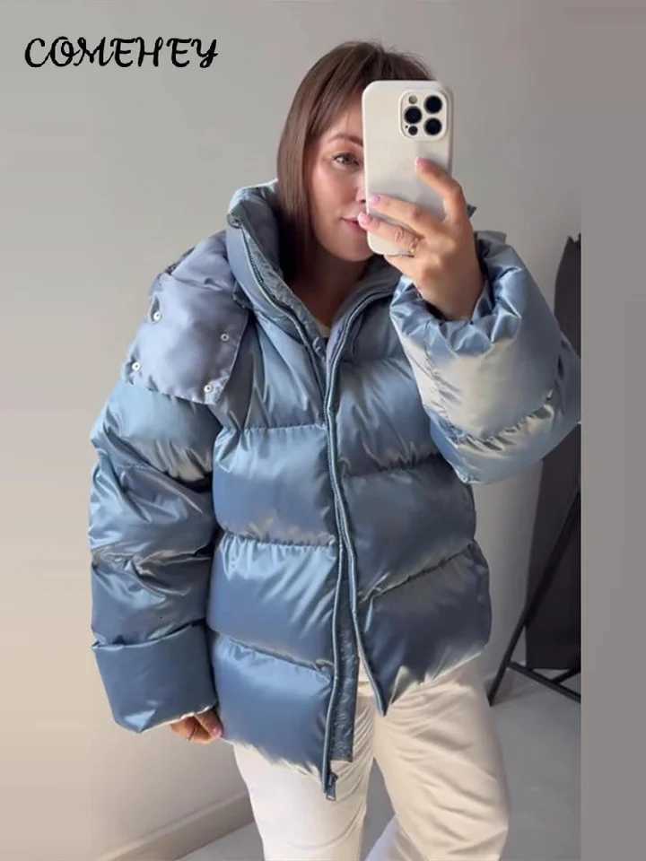 Women's Down Parkas Puffy Glossy Women's Hooded Padded Jacket Solid Warm Thicken Zipper Long Sleeve Down Jacket 2026 Winter Fashion Lady O