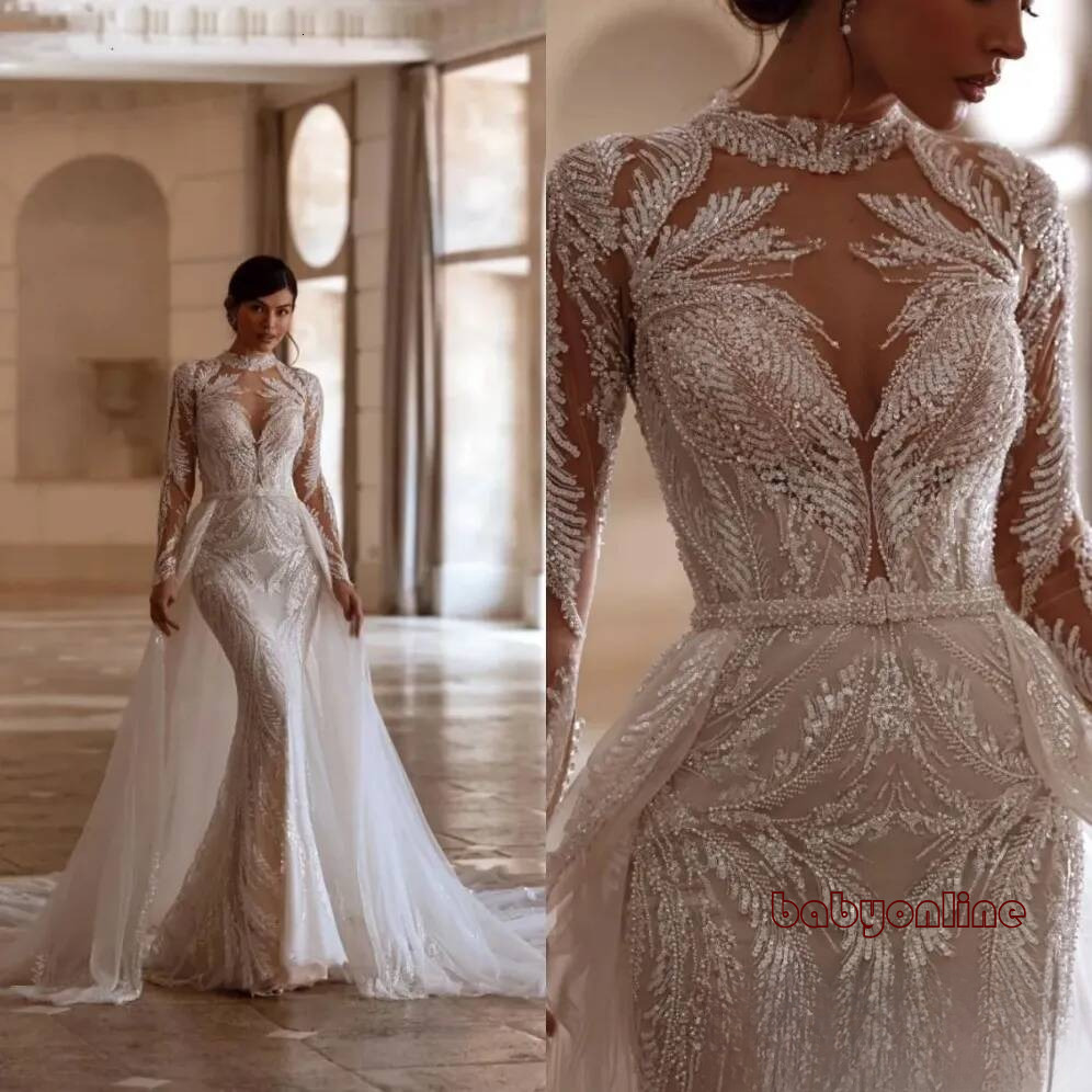 Sexy Mermaid Wedding Dresses For Women Jewel Neck Long Sleeves Gown Sequins Appliques Detachable Train Customized Dress BC23730