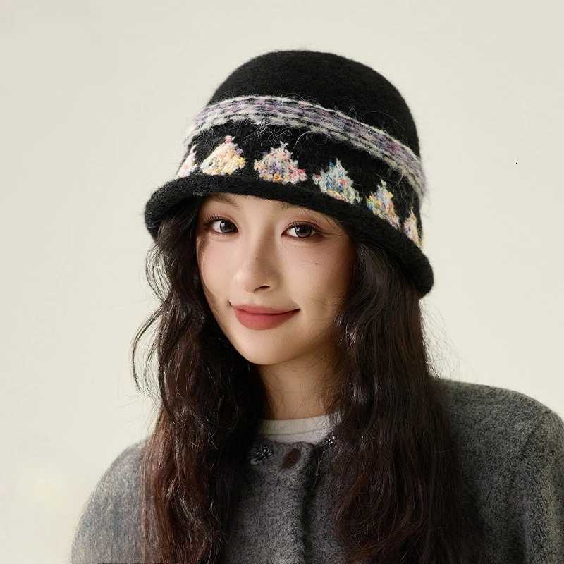 Beanie/Skull Caps Korean Vintage Floral Knitted Bucket Hat Ladies Autumn Winter Women Fashion Trendy Retro Embroiderd Warm Fisherman Hat Female Q261
