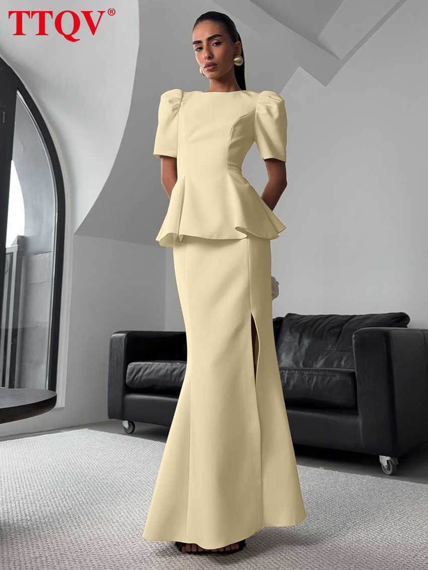 Summer Slim Yellow Knitted Sets Woman 2 Pieces 2026 Fashion Short Sleeve Shirt With High Waist Long Skirt Set Female