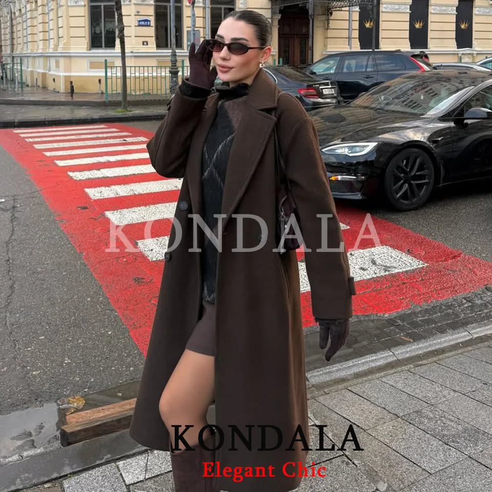 KONDALA Women Fall Elegant Blended Long Coat Lapel Double-Breasted Warm Coat Fashion Winter Spring High Street Lady Coat 261016