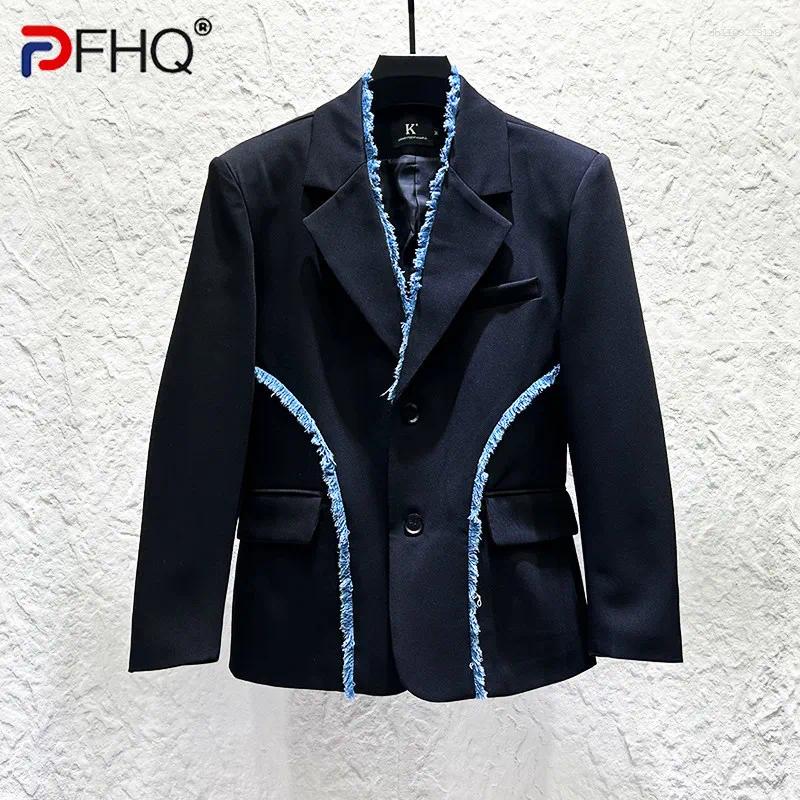 Contrast Color Frayed Hem Niche Design Men's Blazer Loose Long Sleeve Lapel Trendy Single Breasted Retro Male Coats 21P5011