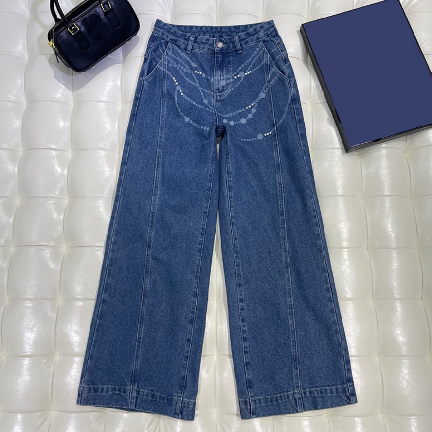 Women Retro Beaded Jeans High End Deep Blue Casual Wide Legs Pants Street Style Loose Fit Denim Pants