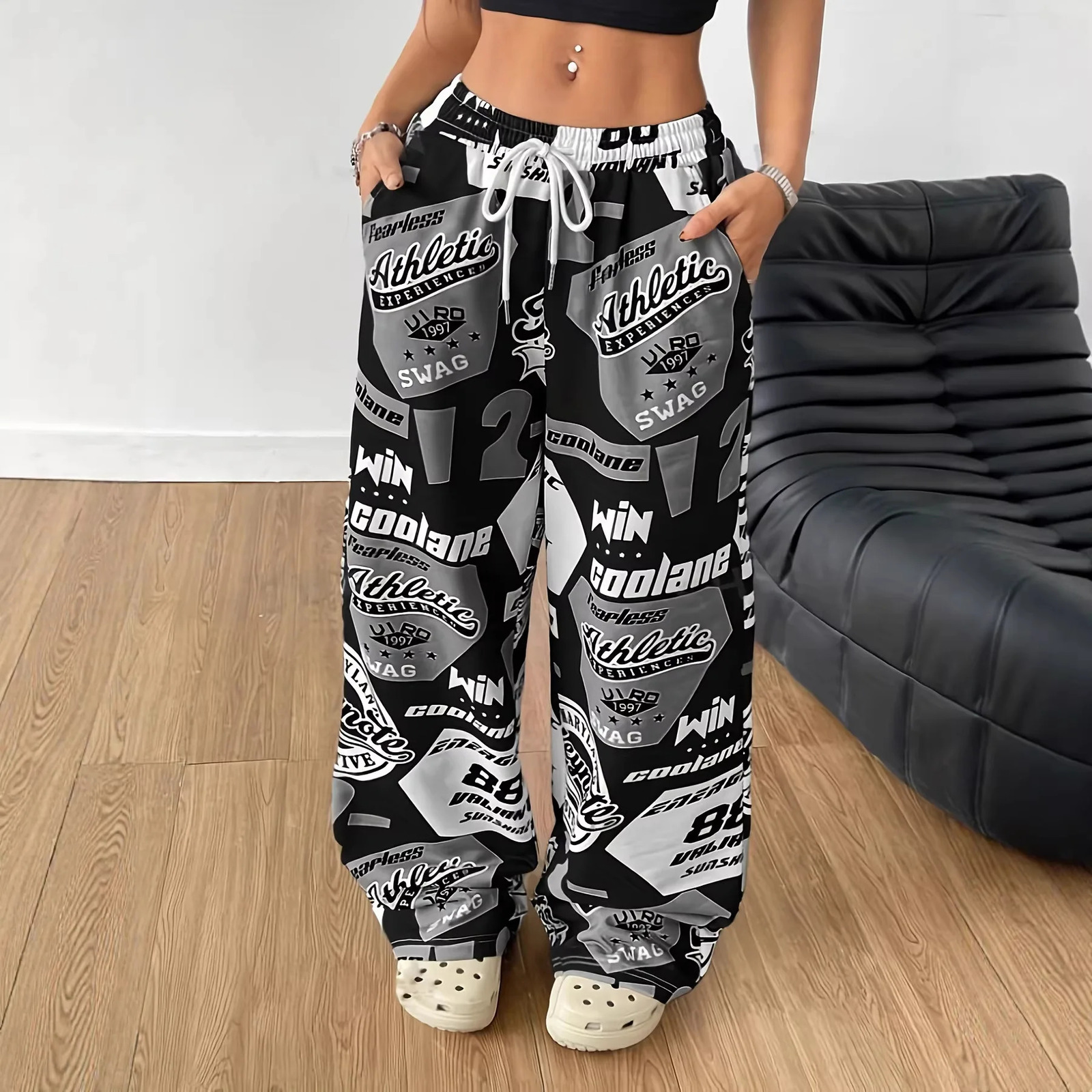 2026 Spring Summer Women Street Print Casual Pants with Pockets Girl Style Loose Long Trousers for European American 261017