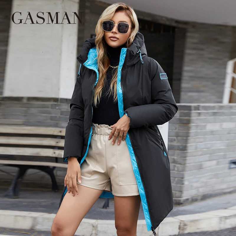 Women's Down Parkas GASMAN 2022 New women's down jackets Long fashion Casual contrast Coat women winter Drawstring warm windproof parka br