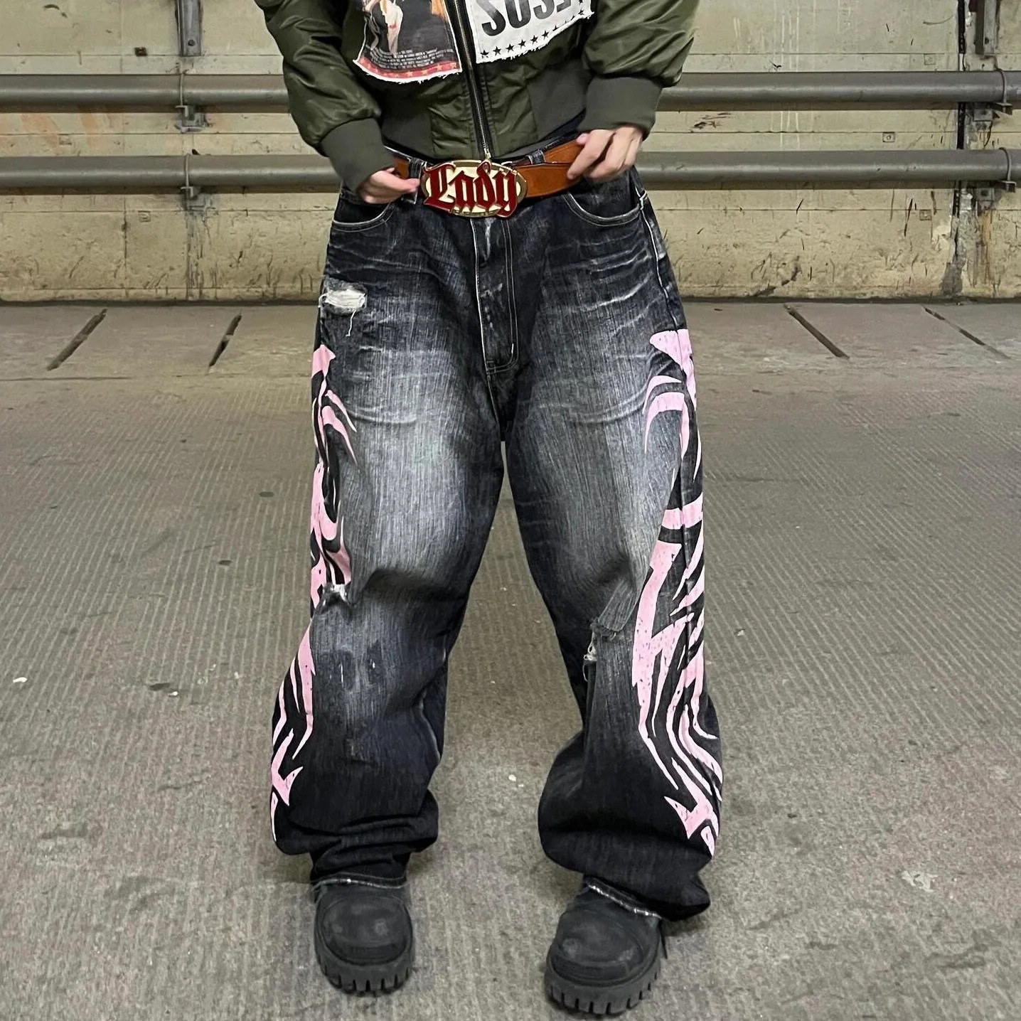Mottled Totem Print Loose Jeans for Women Harajuku Trendy Hip-Hop Jeans Y2K American Retro High-Waist Wide-Leg Jeans for Women 261015