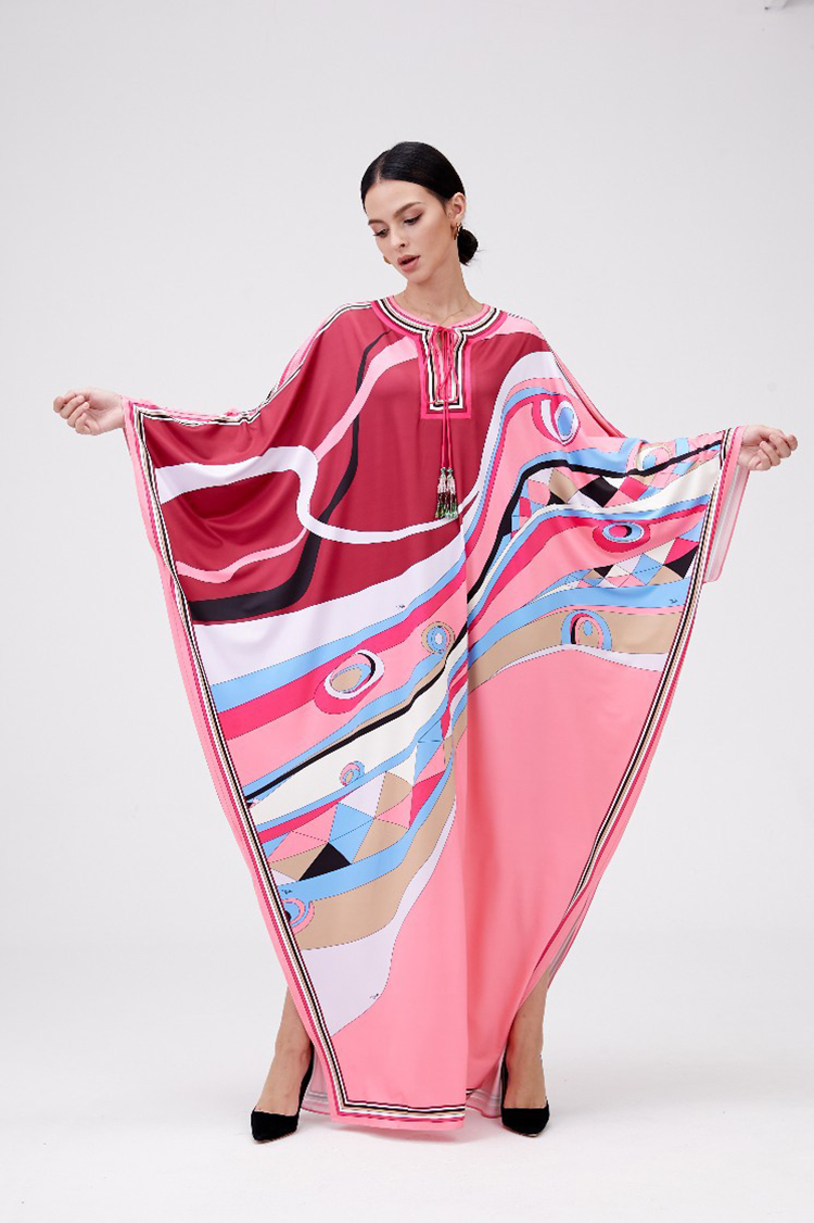 Jersey Silk Dresses Women Autumn Robe Long Vestidos Batwing Sleeve Crew Neck Tassel Fashion Geometrical Printing Loose Split Runway