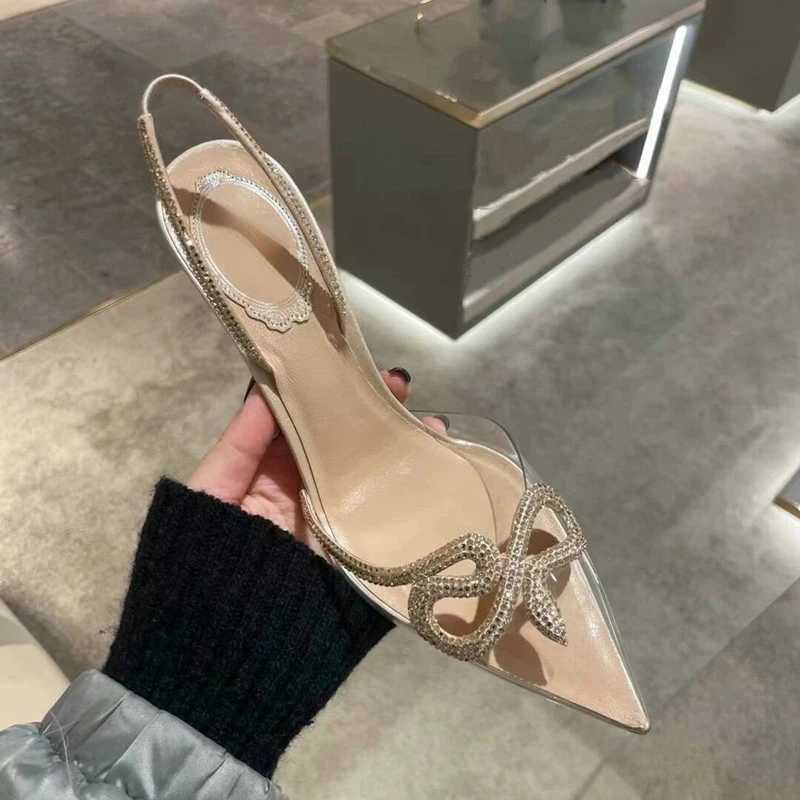 2024 Spring and Summer New Rhinestone High Heels Women's Thin Heels Pointed Sandals Transparent One-word Buckle Bag Head Shoes Q261015