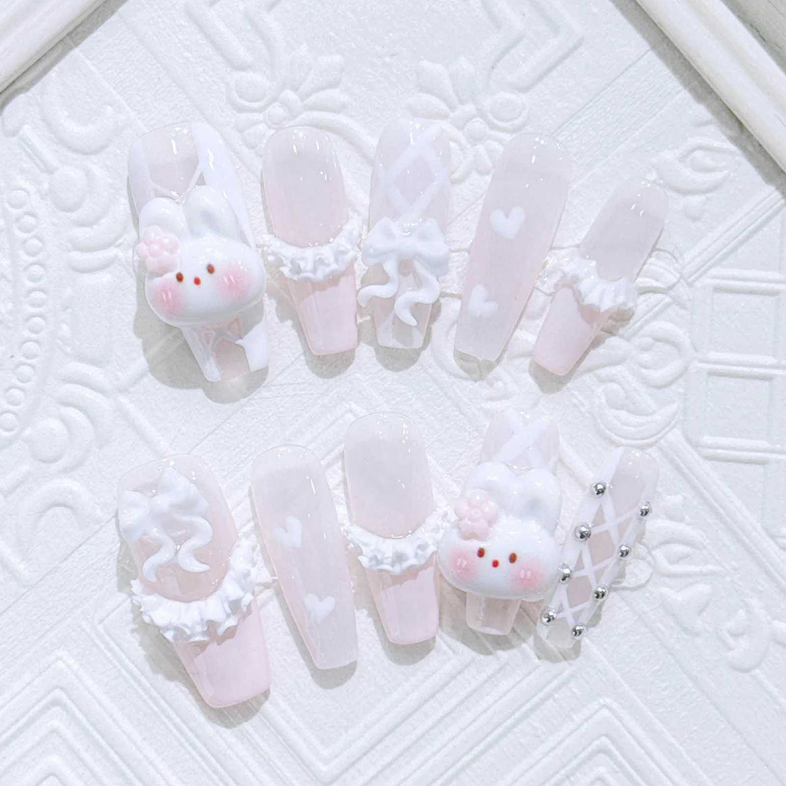 False Nails 10pcs Handmade Press On Nails Light Pink French Style White Long Coffin False Nails Cute 3D Rabbit Designs Sweet Fake Nail Tips Q261017