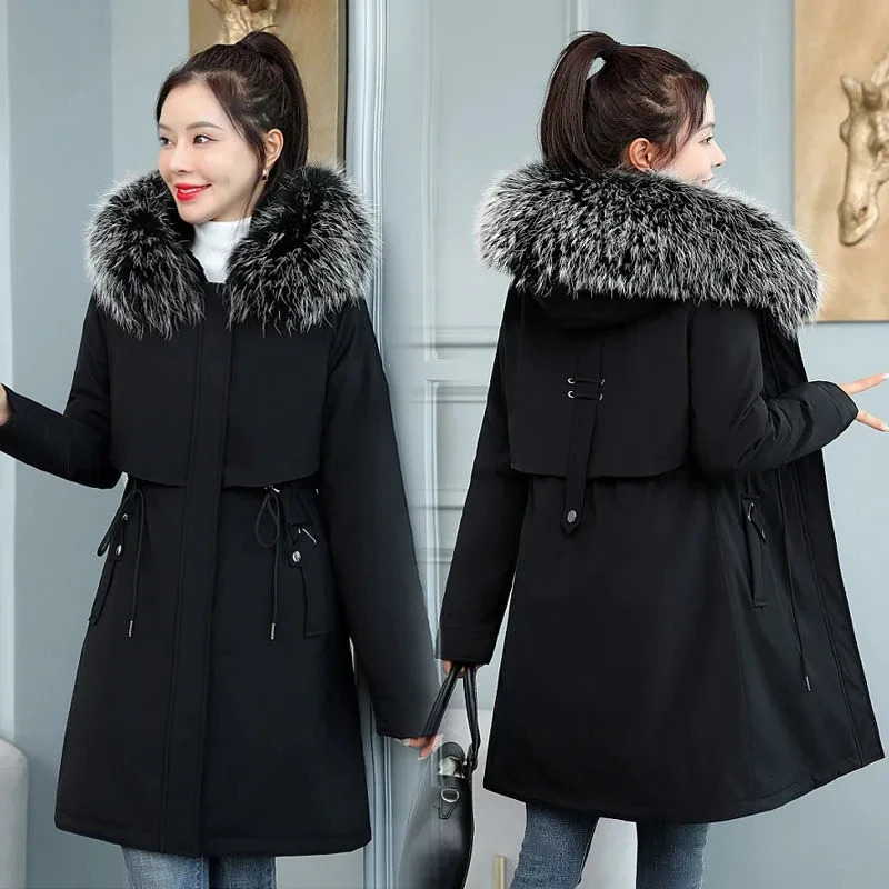 2026 Women Winter Jacket 8XL Slim Long Coat Casual Parkas Big Fur Collar Wool Liner Hooded Outwear Cotton Warm Coats Female 261016