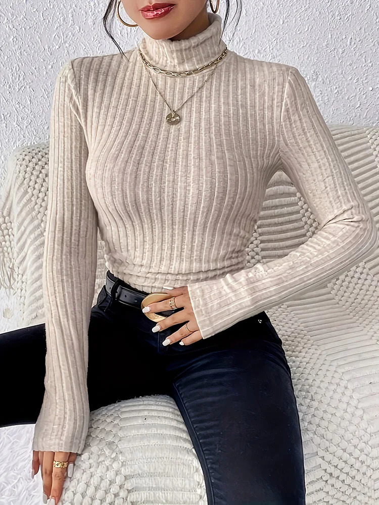 Autumn and Winter Sexy Texture Pit Stripe Slim Knit Long Sleeve Womens tshirt High Neck Tops Casual 261017