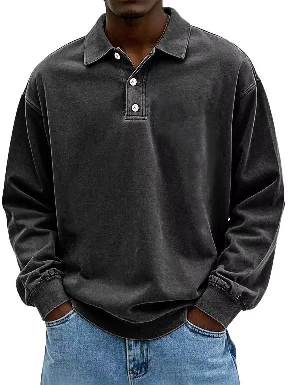 Men's Cotton Long Sleeve Polo Shirt Sweatshirt Washed Oversized Trendy European Size Luxury Quality High End Design Casual Versatile Wear