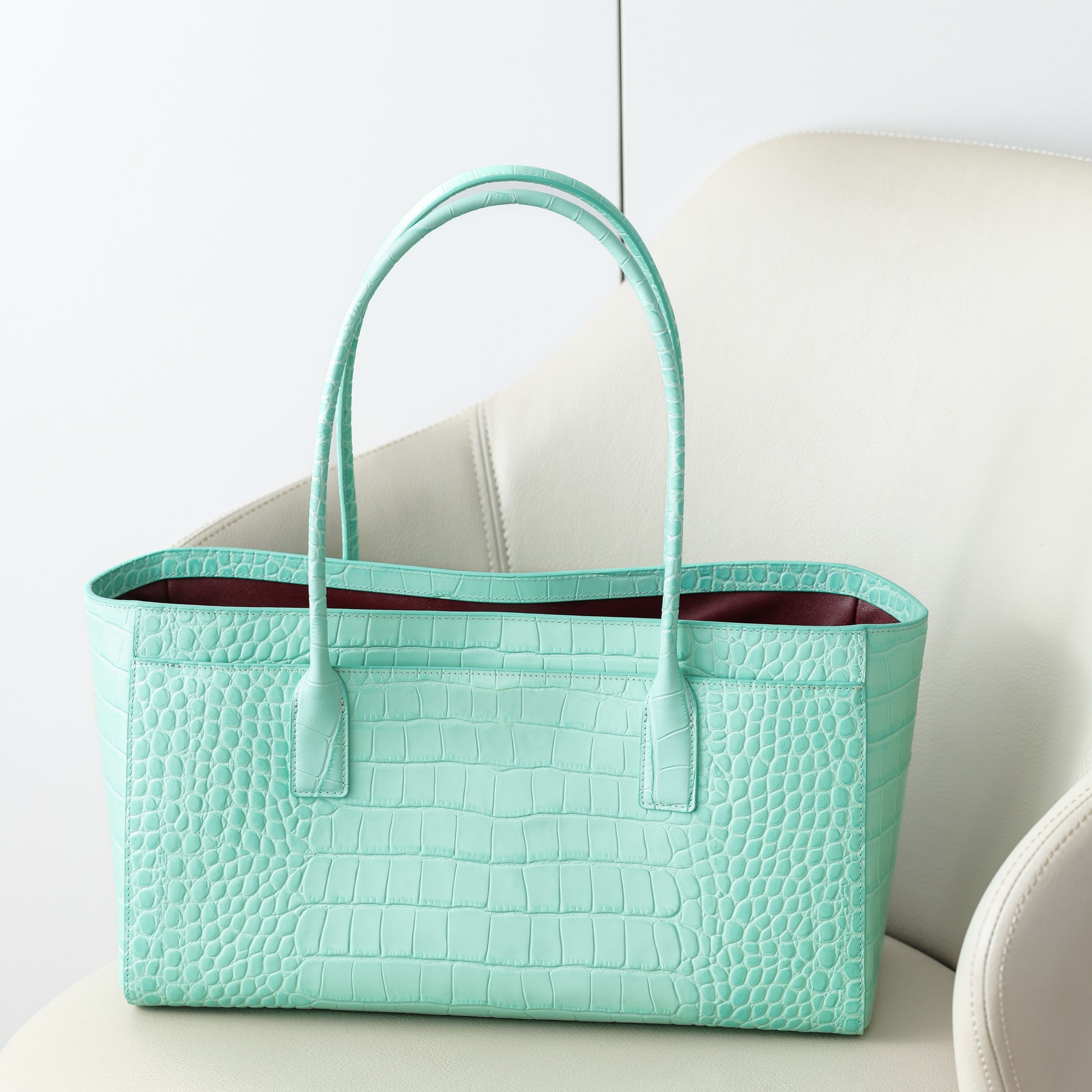 Designer Bag 26S Series Women Minimalist Tote Bag, Mint Green Croc Embossed Cowhide Top Handle Bag For Office, Evening Banquet & Daily Wear