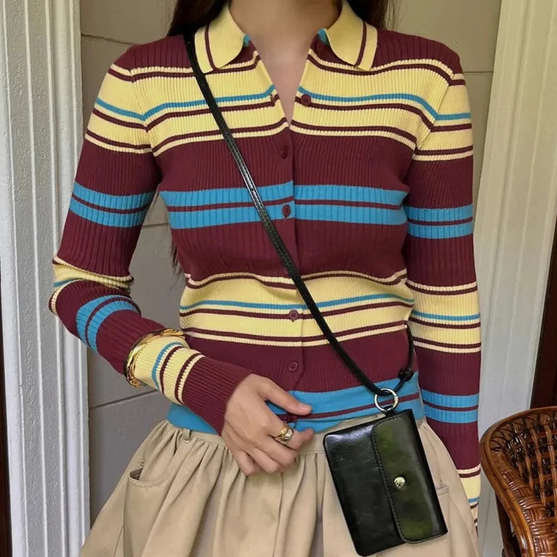 Spring Women Knitted Colorful Striped Sweater Fashion Long Sleeve Slim Fit Ladies Sweaters Korean Style Single Breasted Cardigan 261015