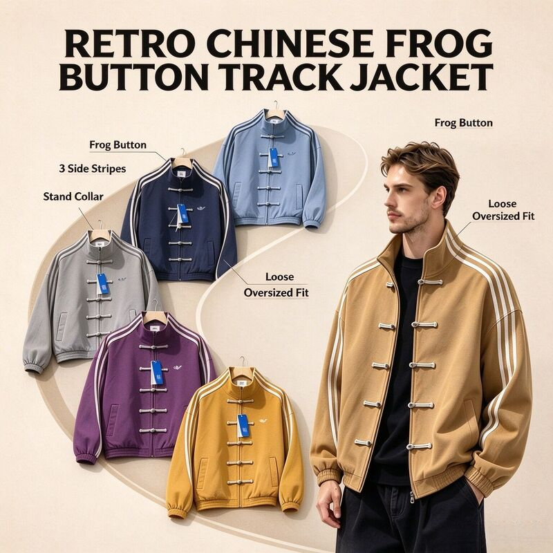 New Chinese-style high-end stand-up collar baseball jacket, three-stripe design, traditional Chinese knot buttons, casual outerwear for men, suitabl