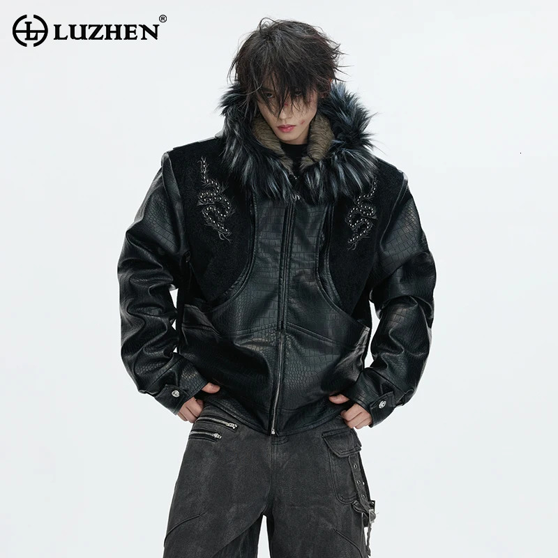 LUZHEN 2026 Winter Embroidery Pattern Patchwork Design Thickened Warm Hooded Padded Coat Men's Fur Leather Parka Jacket