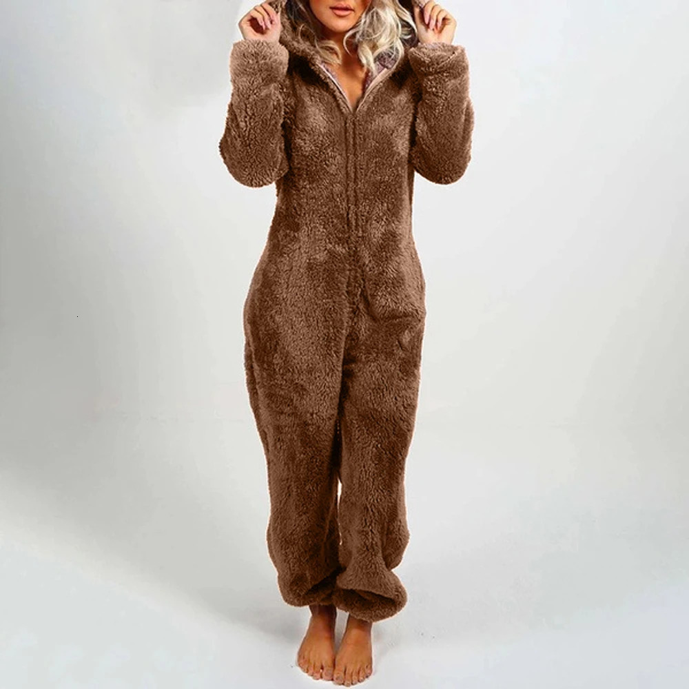 Womens Plush Romper Autumn Winter Flannel Pajamas LongSleeve Zipper High Neck Hat Keep Warm Girls Clothes Sleepwear Homewear 261016