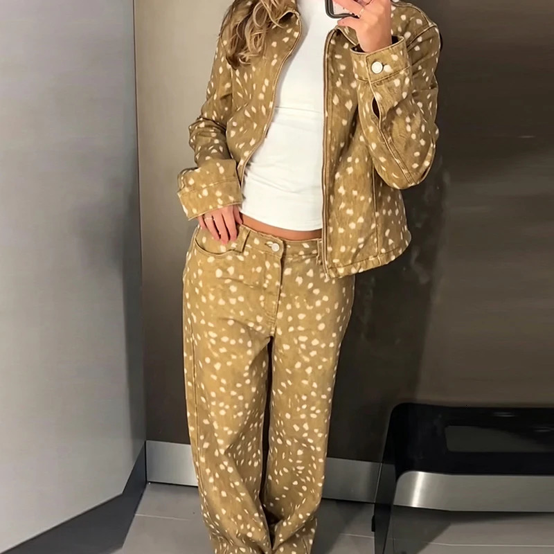 Retro American Deer Dotted Print 2 Piece Outfit Zipper Jacket Button Loose Trousers 2026 Winter Casual Women Pants Sets 261016