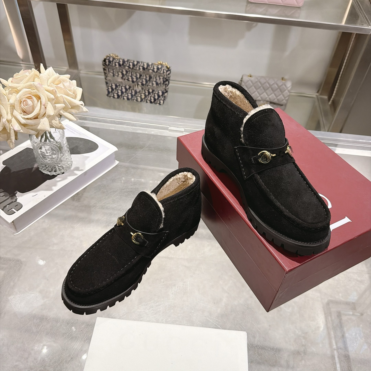 Designer Monogram Horsebit Fleece Lined Platform Loafers Womens Classic Retro Soft cozy warm Slip on Ankle Boots Luxury Round-toed light Height incr