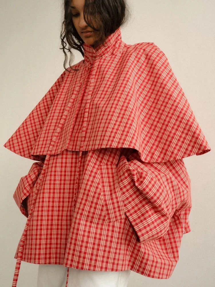 Chic Checkered Stand Up Collar Cape Short Trench Coat Women Long Sleeved Single Breasted Windbreaker Spring Commuting Coat 2026 261015