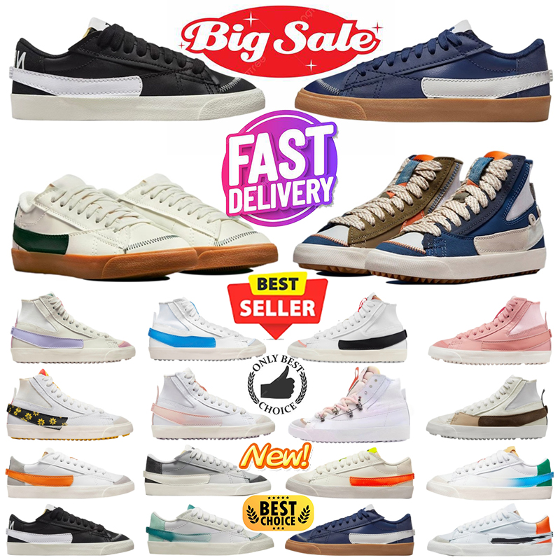 With box designer Casual Shoes Trainers Blazers Classic Mens Womens Red Black White Indigo Pine Green Jumbo Mid 77 High low size 36-45