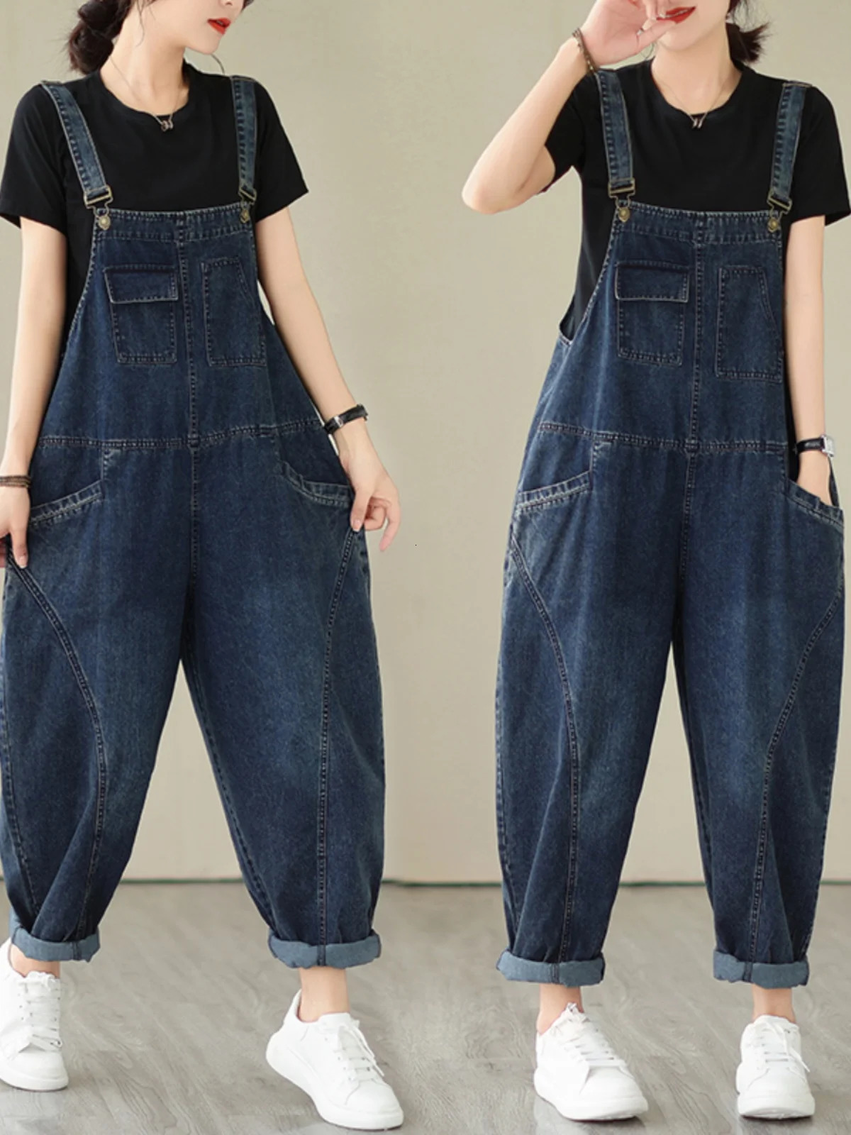 Fall Women's Loose Jeans Overalls Deep Blue High Waist Sensation plus Size Faion plus Size Women's Loose Slimming 261015