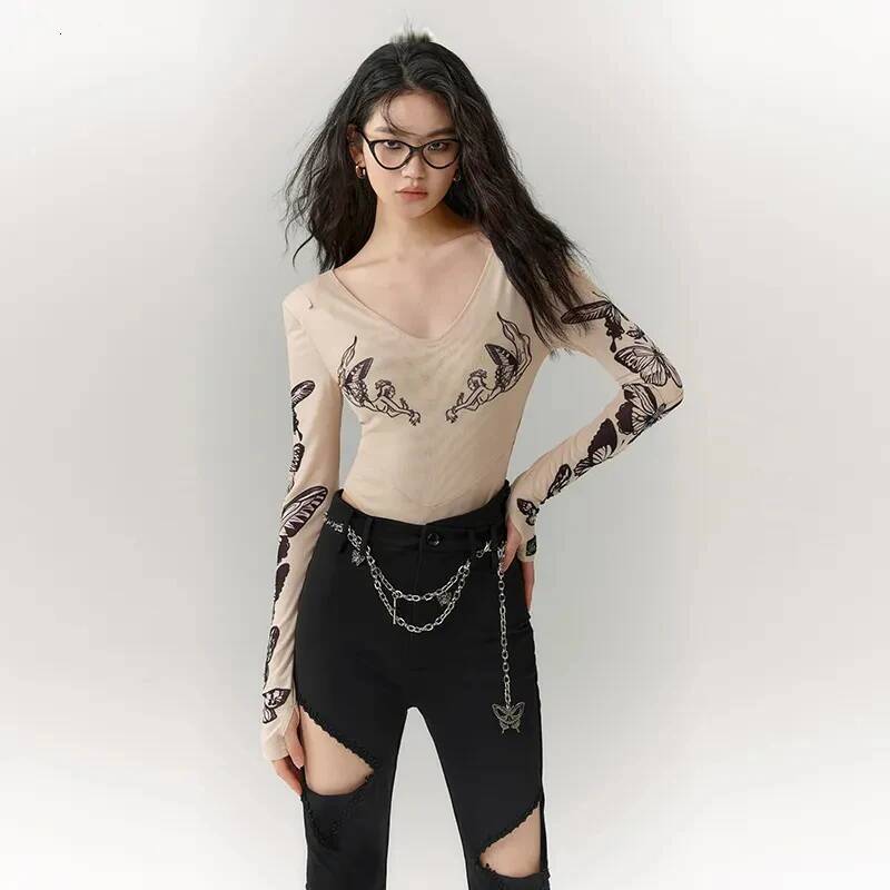 MEXZT Y2K Print Mesh Bodysuit Women Vintage Sexy V Neck T Shirts Streetwear Long Sleeve Tops Harajuku High Waist Wrapping Tees