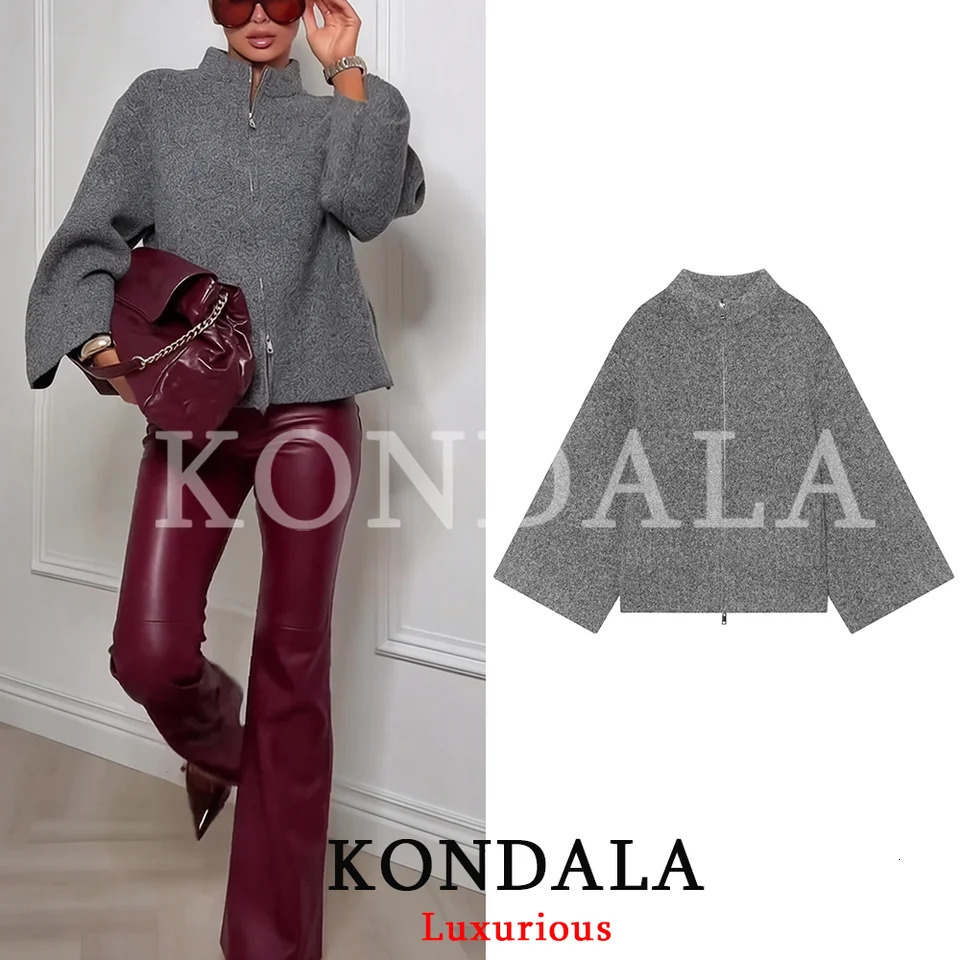 KONDALA High Street Casual Chic Women Knitted Coat ONeck Zipper Long Sleeve Loose Coat Fashion 2026 Autumn Winter Gray Cardigan 261016
