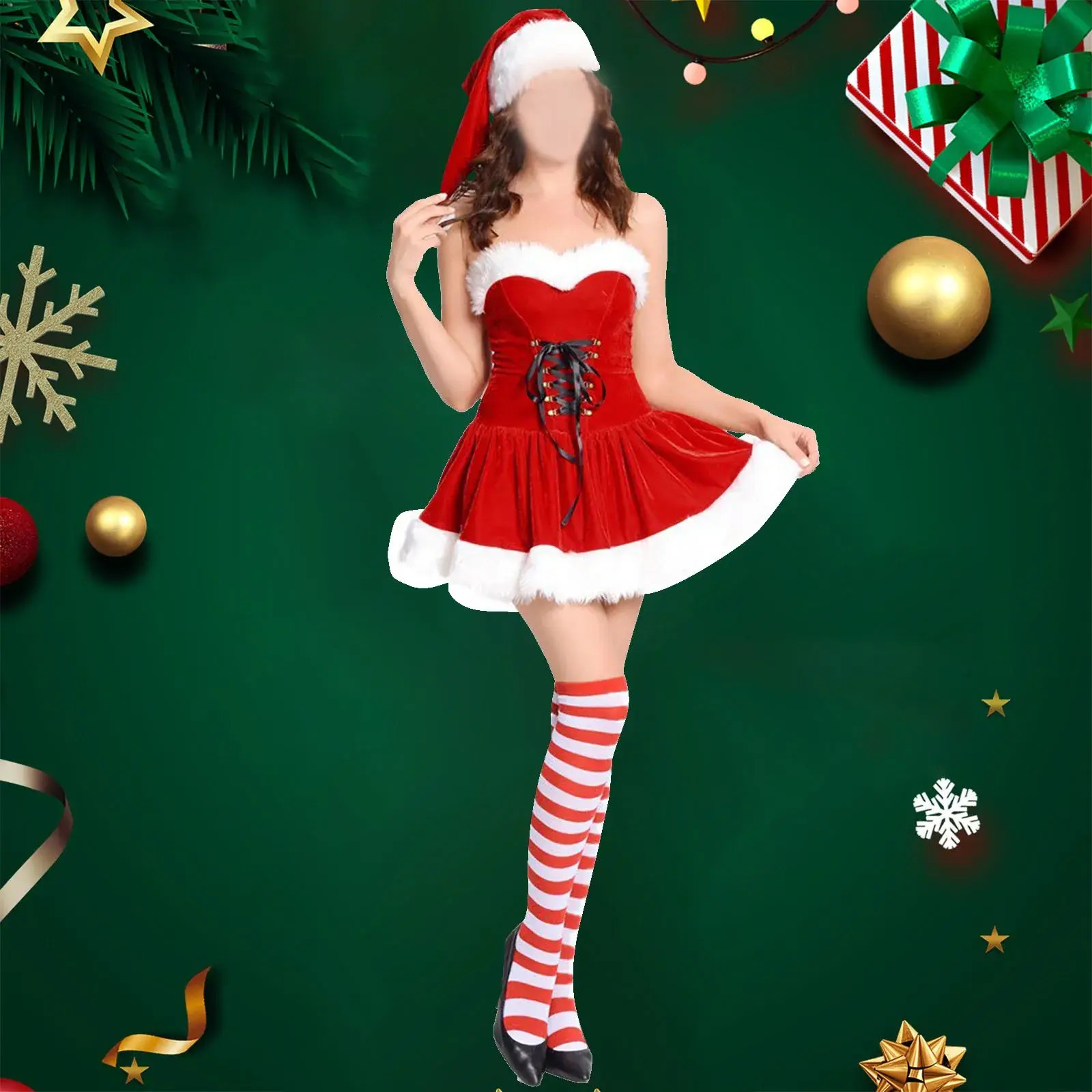 Women Casual Dress Christmas Cosplay Santa Claus Mini Birthday Party Strapless Sleeveless Dresses Medieval everyday Bandage Patchwork Dress Women La