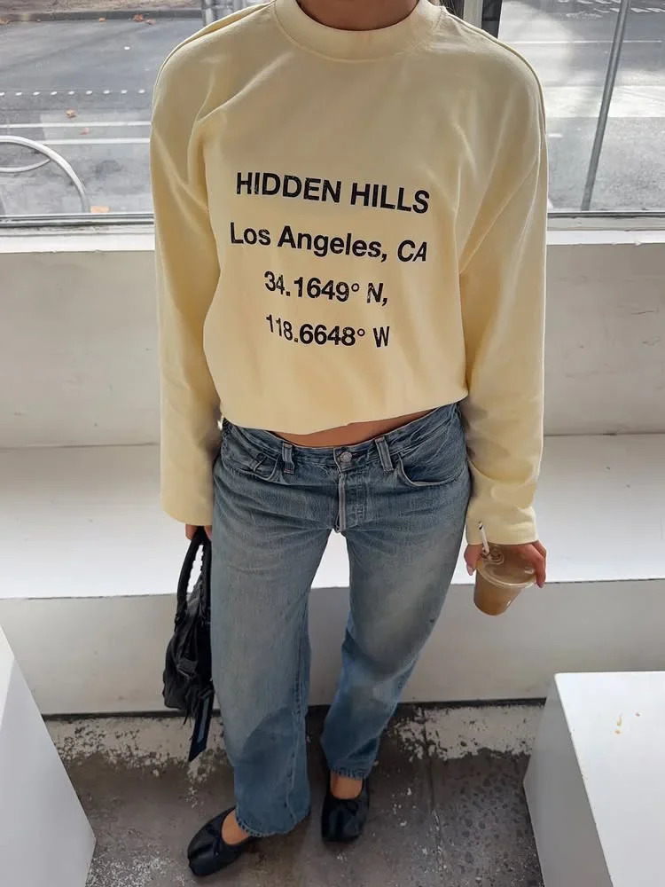 Unisex Y2K Long Sleeve T-shirt Unique Front Letter Print Crew Neck Casual Tee 90s Retro Streetwear for Men and Women 261013