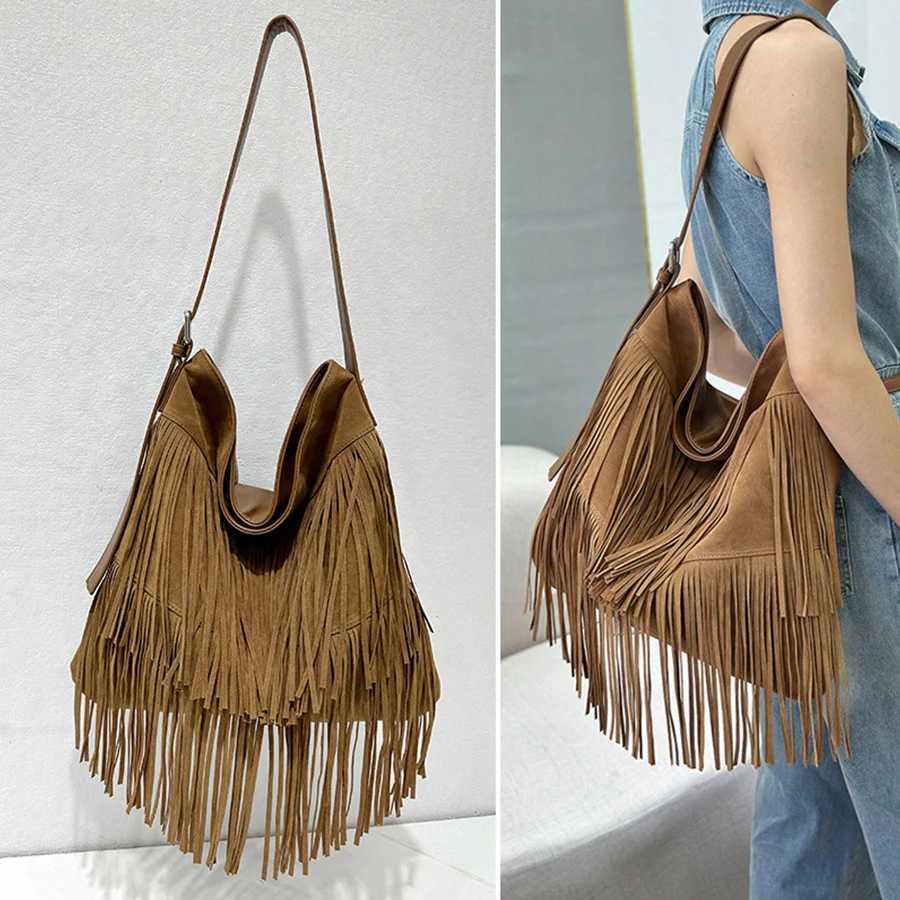Cross Body Boho Style Fringe Handbags Vintage Suede Shoulder Bag Women's Large Capacity Casual Fringe Postman PU Leather Patchwork Hand Bag H26