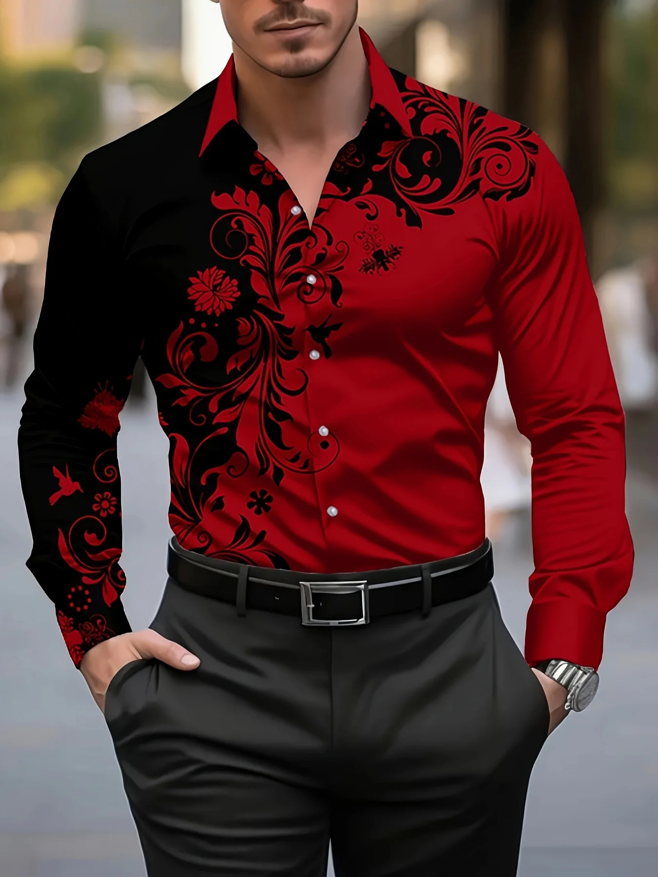 Men'S Stylish Red Floral Print Dress Shirt - Casual Long Sleeve Button-Up Spring Fashion Shirt Floral Print Shirt 261015