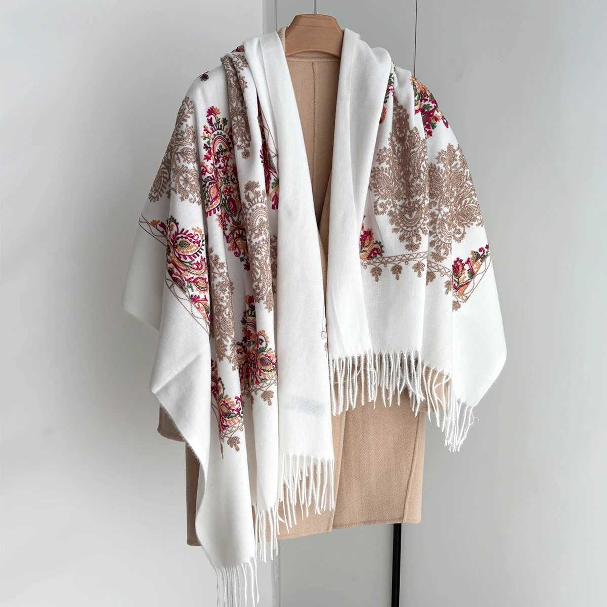 Floral Warm Scarf for Women Faux Cashmere Shawl Wrap Thickened Pashmina Tassel Perfect for Winter Outings Stylish Winter Blanket S261017K02L