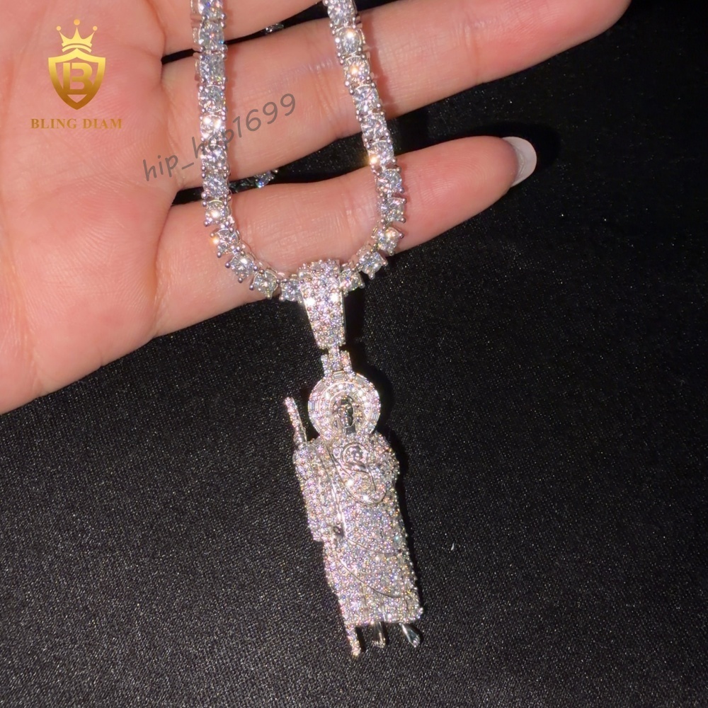 Iced Pendant St Jude 2 Inch 925 Sterling Silver Rhodium Plated VVS Moissanite Men Pendant GRA Certified Pendant Necklaces