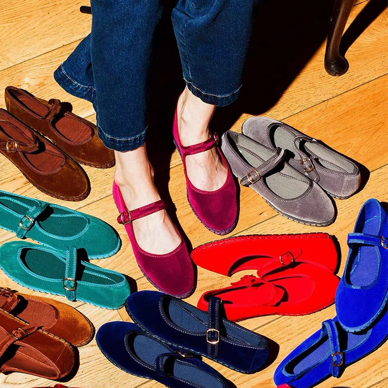 Solid Color Velvet Mary Janes Shoes for Women Spring Autumn Casual Streetwear Ballet Flats Buckle Strap Ladies Shoes Footwear 261017