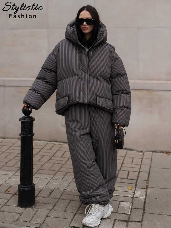 Women's Down Parkas Chic Striped Women's Cotton Coat Pant Suit Autumn Winter Thicken Hood Zippers Female Set 2026 Casual Oversized Lady St