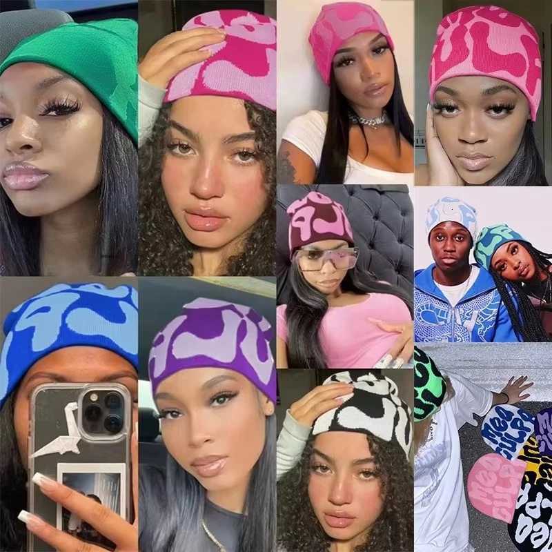 Beanie/Skull Caps Unisex Y2K Mea Culpa Letter Kpop Beanie Hat Bold Bubble Jacquard Streetwear Stretch Fitted Elastic Skull Cap for Men WomenT261017