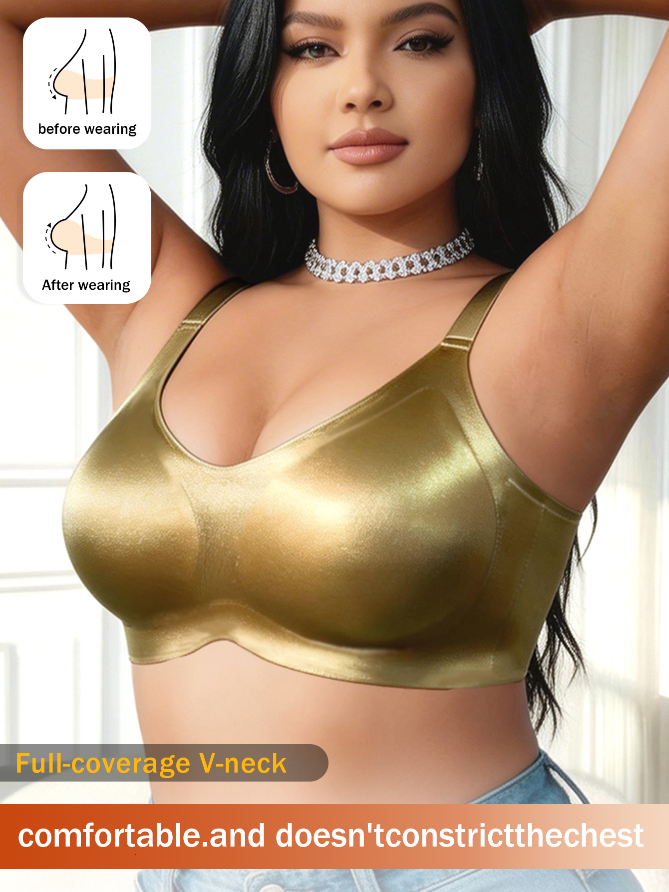 Women's V-Neck Wireless Plus Size Everyday Bra Solid Color Soft-Glow Fabric Adjustable Wide Straps Seamless Back Smoothing dongdumaoyi