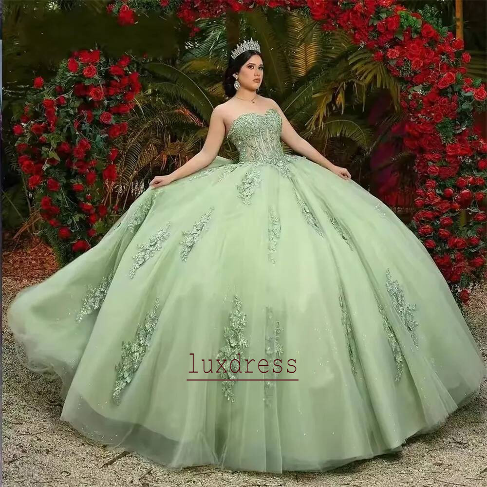 Ball Gown Quinceanera Dresses Glittering green Applique Sweetheart Plus Size Customized Sweet 16 Princess Birthday Party Gowns Vestidos De 15 Anos
