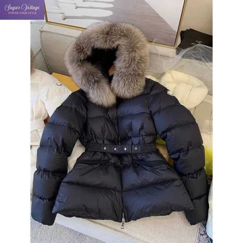 Women's Down Parkas European Elegant Belted Waist Faux Fur Hooded Puffer Parka Women Oversized Thick Warm Coat Winter Casual Streetwear Outfit