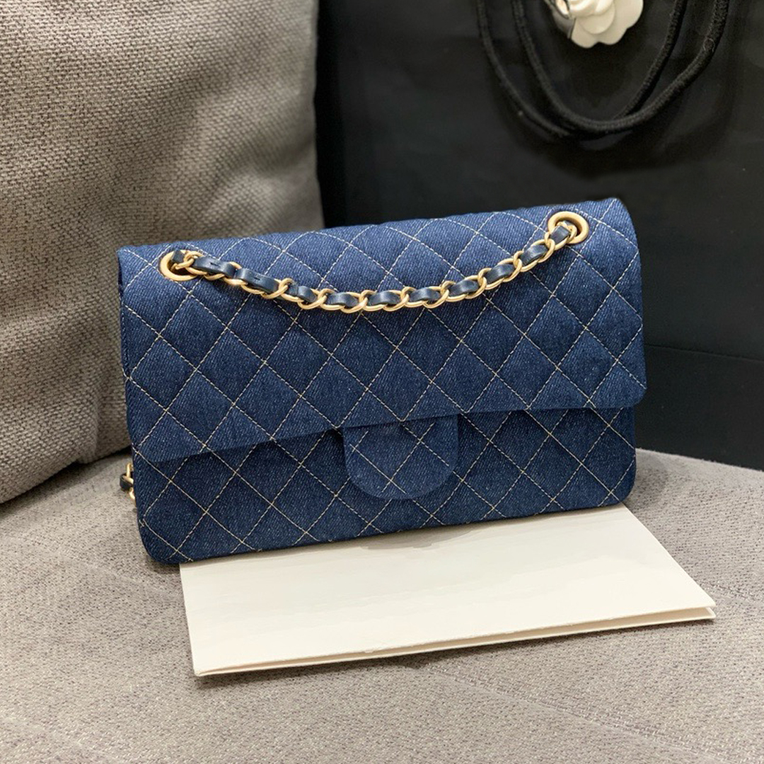 12A Vintage Style Denim Quilted Flap Bag Two Tone Gold Chain Strap Women Crossbody Shoulder Handbag Large Capacity Daily Shopping Purse AS1864 23CM