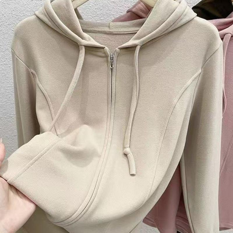 Sweat-shirt à capuche en velours allemand pour femme, veste de styliste, fermeture éclair, coupe cintrée, Cardigan court, couleur unie, manches l