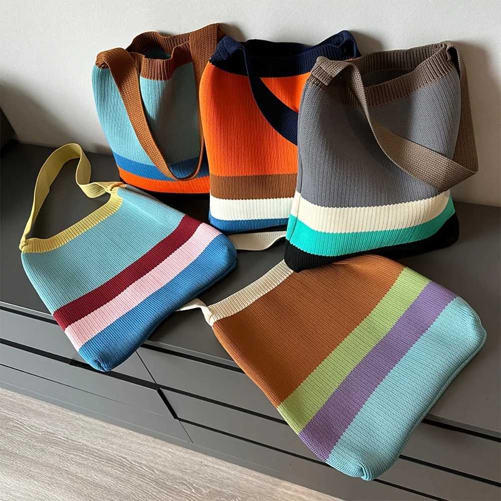 Shoulder Bags New Rainbow-Colored Knit Bag Korean-Style Simple and Versatile Striped Handbag Shoulder Tote Bag Large Capacity Women's Bag H2610