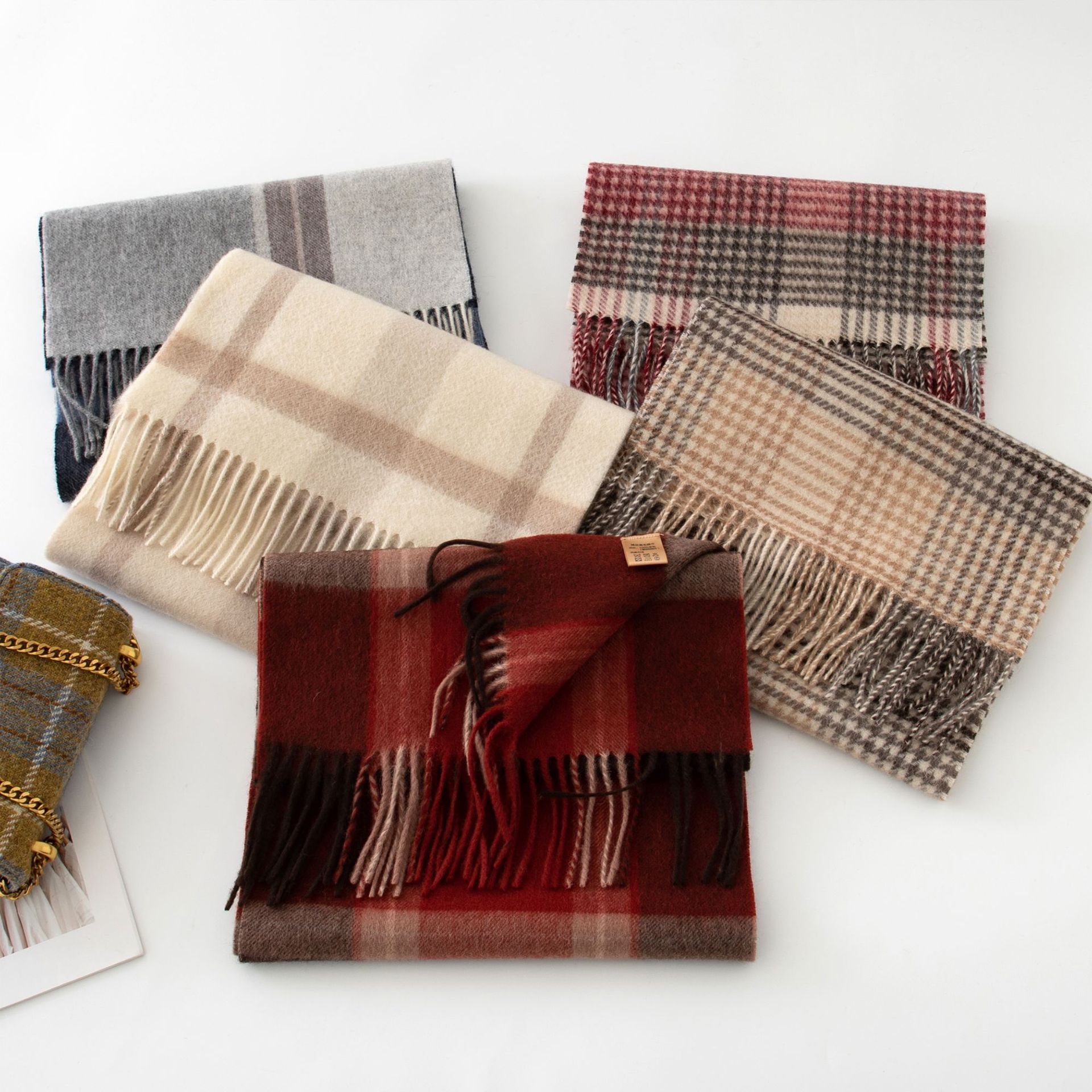 Pure Scarf High-End Feel Women Korean Style Versatile Plaid Blue Autumn Winter Wool Shawl Wholesale Laotie