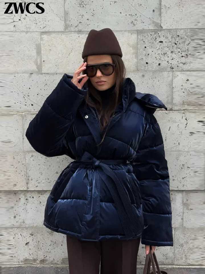 Women's Down Parkas Warm Glossy Hooded Lace-up Cotton Coats Women's Casual Zipper Bottons Belted Overcoat 2026 Winter New Female Solid Str