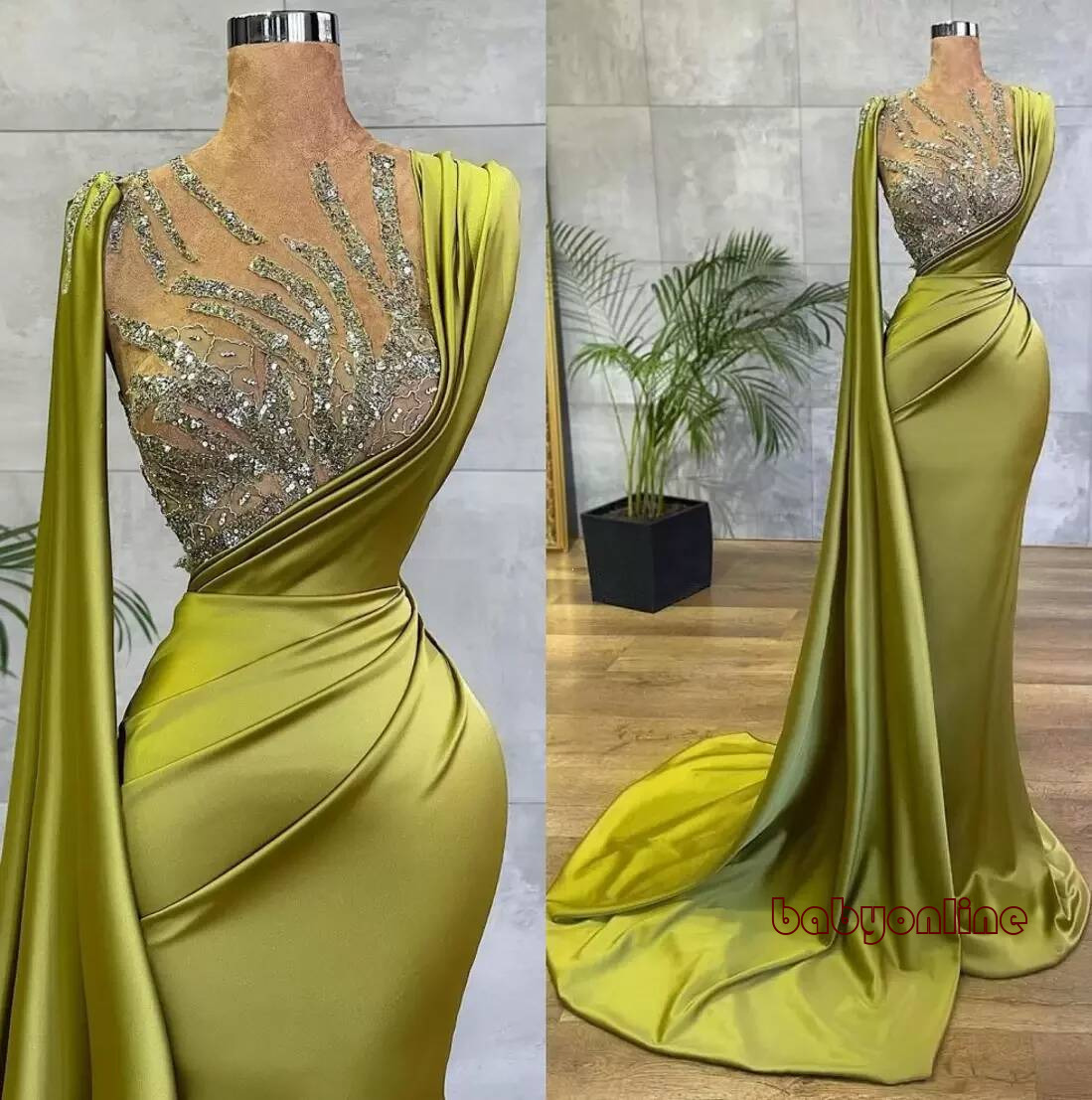 New Lemon Green Satin Mermaid Evening Dresses Mesh Top Sequin Beads Ruched Formal Ocn Wear Gold Hunter Sheer Neck Sweep Train Robe De Soiree