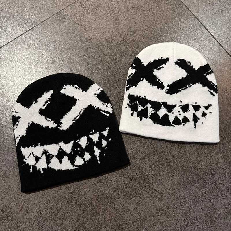 Beanie/Skull Caps Unisex Gothic XX Face Knit Beanie Hat Grinning Mouth Pattern Hip Hop Streetwear Slouchy Warm Winter Skull Cap for Men WomenT261017